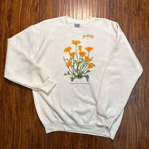 Gildan White Crewneck Sweater with Orange Poppy Design and Chainstitch.